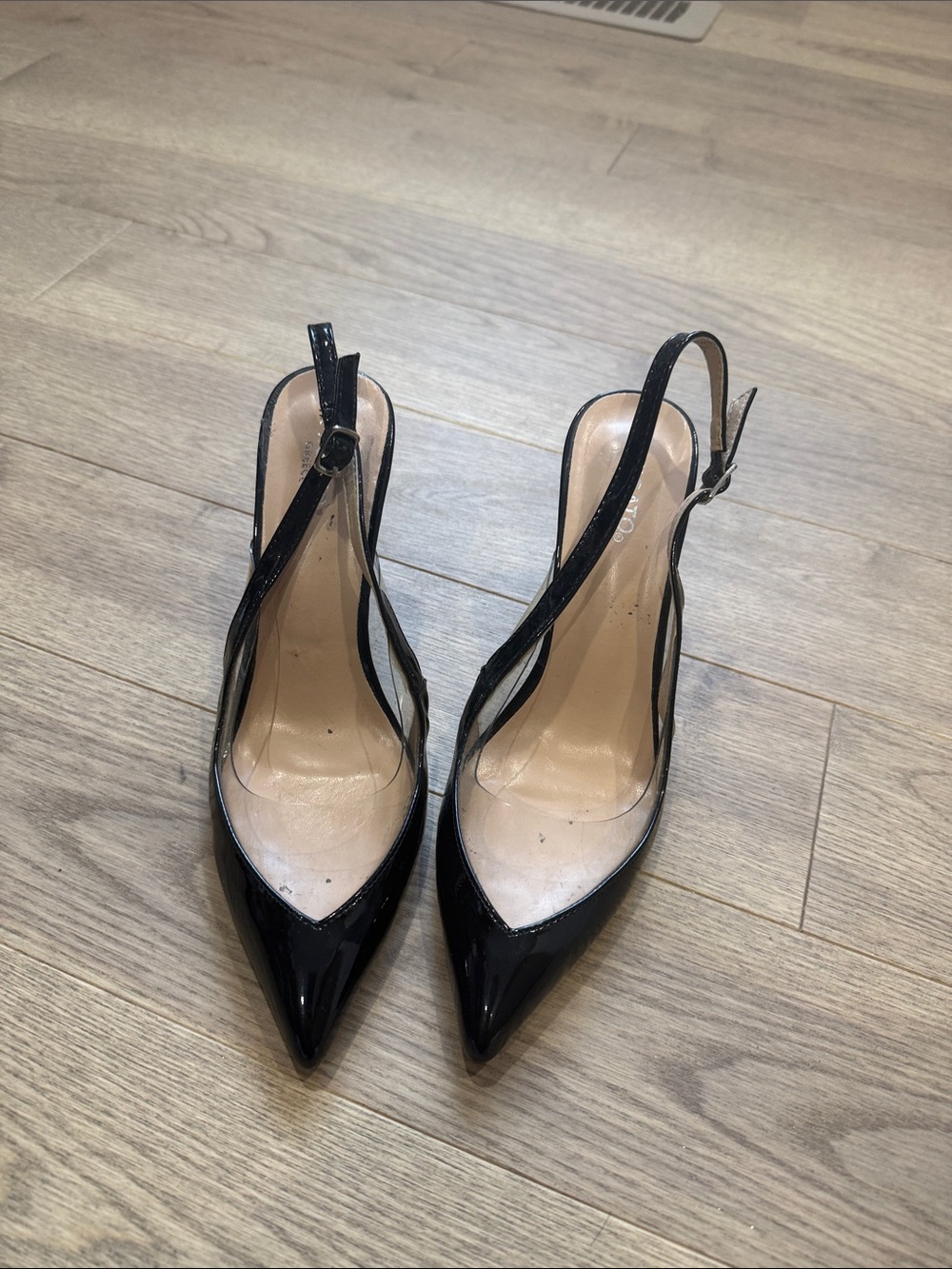 Black Patent Pointed-Toe Slingback Heels